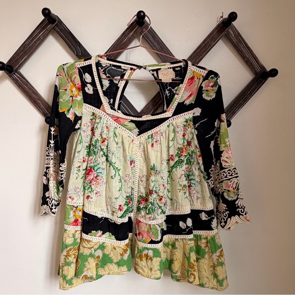 Anthropologie Vanessa Virginia Floral Peasant Top - Black & Cream
